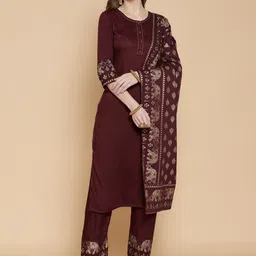 GoSriKi Women Maroon Ethnic Motifs Printed Panelled Kurti with Salwar & With Dupatta-picture-19