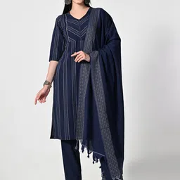 BAESD Striped V-Neck Straight Kurta With Trousers & Dupatta-image-25