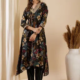FASHOR Floral Printed V-Neck A-Line Kurta With Trousers-image-47