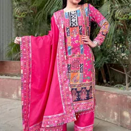 BAESD Girls Floral Printed Long Sleeves Mirror Work Kurti with Pyjamas & Dupatta-picture-17