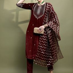 Vishudh Women Floral Embroidered Knitted Velvet Kurta with Trousers & With Dupatta-picture-0
