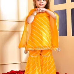 Rangpur Girls Leheriya Striped Gotta Patti Regular Kurti with Sharara & With Dupatta-picture-10