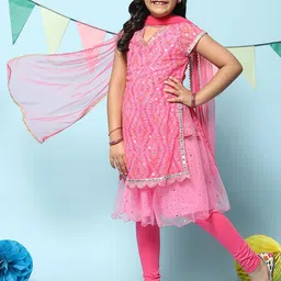 Biba Girls Layered Mirror Work Kurta With Leggings & Dupatta-picture-11