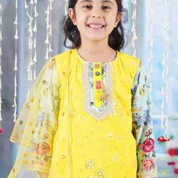 Little Bansi Girls Floral Embroidered Pure Cotton A-Line Kurta With Sharara & Dupatta image 5