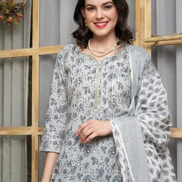 Sangria Floral-Printed Pure-Cotton Anarkali Kurta With Trouser & Dupatta image 3