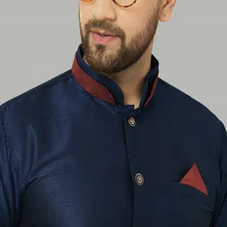 Kaifoo Men Navy Blue Silk Blend Kurta with Pyjamas image 4