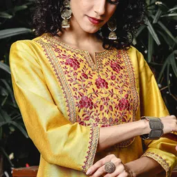 Anouk Yellow Ethnic Motifs Embroidered Notch-Neck Straight Kurta With Trouser & Dupatta image 4