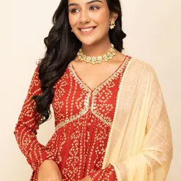 FIORRA Bandhani Printed Empire Gotta Patti Pure Cotton Kurta & Trousers With Dupatta image 5