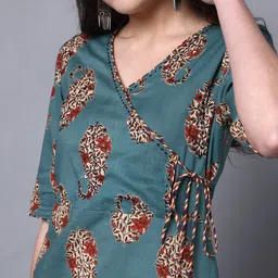 DECKEDUP Paisley Printed Angrakha Sequinned Pure Cotton Kurta with Trousers image 5