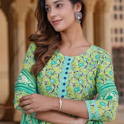 KALINI Floral Printed Pure Cotton Kurta & Trousers With Dupatta image 3