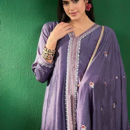 Sangria Embroidered V Neck A-Line Kurta With Trousers & Dupatta-picture-39