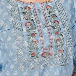 Vbuyz Women Blue Printed & Embroidered Pure Cotton Kurta & Trousers With Dupatta image 2