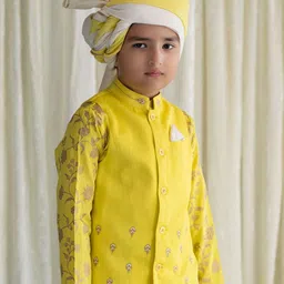 Tiber Taber Boys Floral Printed Pure Cotton Kurta with Pyjamas & Nehru Jacket image 3