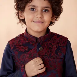 Manyavar Boys Navy Blue Kurta with Pyjama with Nehru Jacket image 5