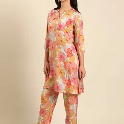 IMARA Mandarin Collar Floral Printed Regular Straight Kurta with Trousers image 4