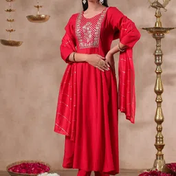Ishin Ethnic Motifs Yoke Design Anarkali Gotta Patti Kurta With Trousers & Dupatta image 5