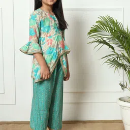Readiprint Fashions Girls Floral Printed Empire Gotta Patti Pure Silk Kurti With Trousers image 3