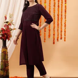 indo street Striped Yoke Design Round Neck Sequined Kurta &Trousers image 3