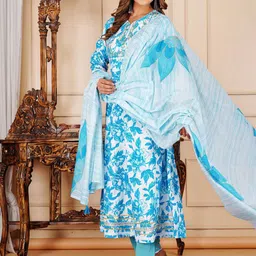 L.H HANDICRAFTS Women Floral Embroidered Regular Mirror Work Pure Cotton Kurta with Trousers & With Dupatta image 5