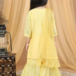 here&now x kinder kids Kinder Kids Girls Geometric Embroidered Pure Cotton Kurti With Sharara & Dupatta image 4