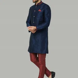 Kaifoo Men Navy Blue Silk Blend Kurta with Pyjamas image 2