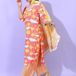 Vishudh Women Coral Printed Straight Pure Cotton Kurta with Trousers & Dupatta image 3
