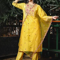 Anouk Yellow Ethnic Motifs Embroidered Notch-Neck Straight Kurta With Trouser & Dupatta image 5