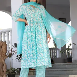 SINGNI Floral Printed Mirror Work Empire A-Line Kurta With Trousers & Dupatta image 5