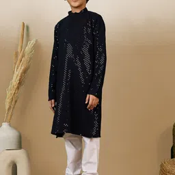 here&now x sanwara Sanwara Boys Geometric Embroidered Mandarin Collar Straight Chikankari Kurta With Pyjamas image 3