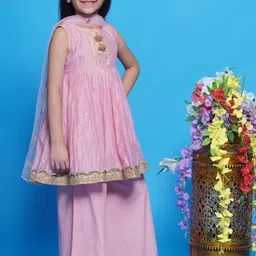 Little Bansi Girls Embroidered Regular Pure Cotton Anarkali Kurta With Palazzos & Dupatta image 2