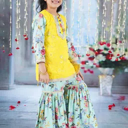 Little Bansi Girls Embroidered Sequinned Pure Cotton A-Line Kurta With Sharara & Dupatta image 2
