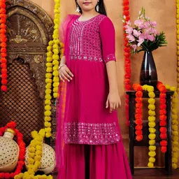 Sangria Girls Embroidered Straight Kurta & Sharara With Dupatta image 4
