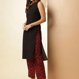 Anouk Black Pure Cotton Mandarin Collar Straight Kurta With Palazzo image 5