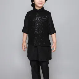 Ministitch Boys Mandarin Collar Roll-Up Sleeves Straight Kurta Trousers With Jacket image 4