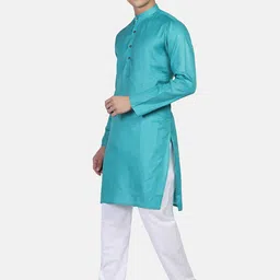 TAHVO Men Turquoise Blue Kurta with Pyjamas image 4