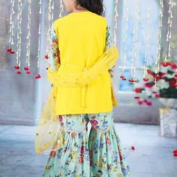 Little Bansi Girls Floral Embroidered Pure Cotton A-Line Kurta With Sharara & Dupatta image 2