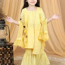 here&now x kinder kids Kinder Kids Girls Geometric Embroidered Pure Cotton Kurti With Sharara & Dupatta image 2