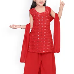 BAESD Girls Ethnic Motifs Mirror Work Georgette Straight Kurti with Palazzo & Dupatta image 3