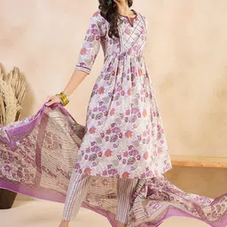 Anouk Floral Printed Thread Work Pure Cotton A-Line Kurta With Trousers & Dupatta-picture-28