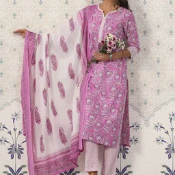 Ode by House of Pataudi Printed Notched Neck Pure Cotton Kurta With Trousers & Dupatta image 5