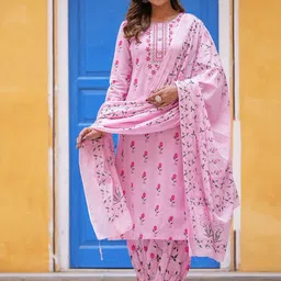 KALINI Floral Printed Regular Sequinned Pure Cotton Kurta with Pyjamas & Dupatta image 5