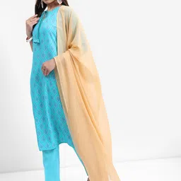 Vishudh Turquoise Blue Bandhani Printed Tie Up Neck Kurta With Trousers & Dupatta-image-62