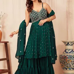 CHANSI Floral Embroidered Pleated Thread Work Kurti with Sharara & Dupatta image 5