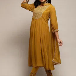 Biba Ethnic Motifs Yoke Design Sequinned Kurta & Churidar With Dupatta image 5