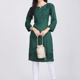 KHAKA Floral Embroidered Notched Neck Chikankari Straight Kurta with Trousers image 5