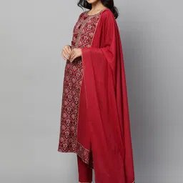 FASHOR Women Red Printed Regular Kurta with Trousers & Dupatta image 3
