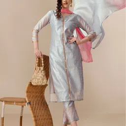 Sangria Grey & Gold Woven Design Notched Neck Sequinned Kurta With Trouser & Dupatta-picture-15