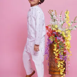 Little Bansi Boys Geometric Woven Design Mandarin Collar Pure Cotton Kurta With Pyjamas image 3