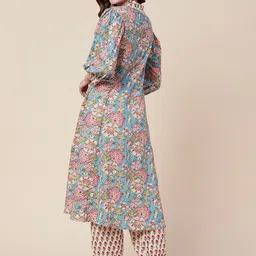 FASHOR Blue Floral Printed Regular Sequinned Pure Cotton Kurta with Trousers image 5