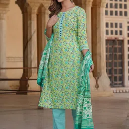 KALINI Floral Printed Pure Cotton Kurta & Trousers With Dupatta image 2